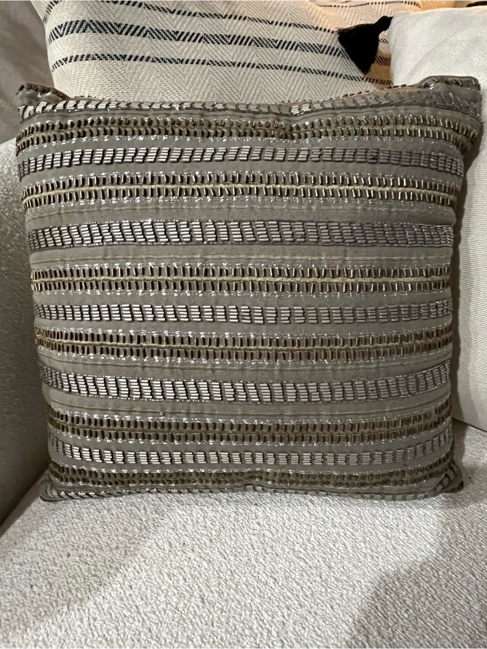 Waterford Decorative Pillow 14 x 14 Taupe with Metallic Thread & Beading